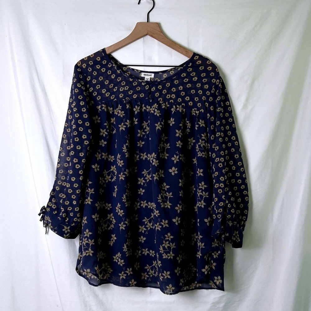 Westport Women Plus Floral Mixed Print Chiffon Boho Blouse Size 2X Navy Blue